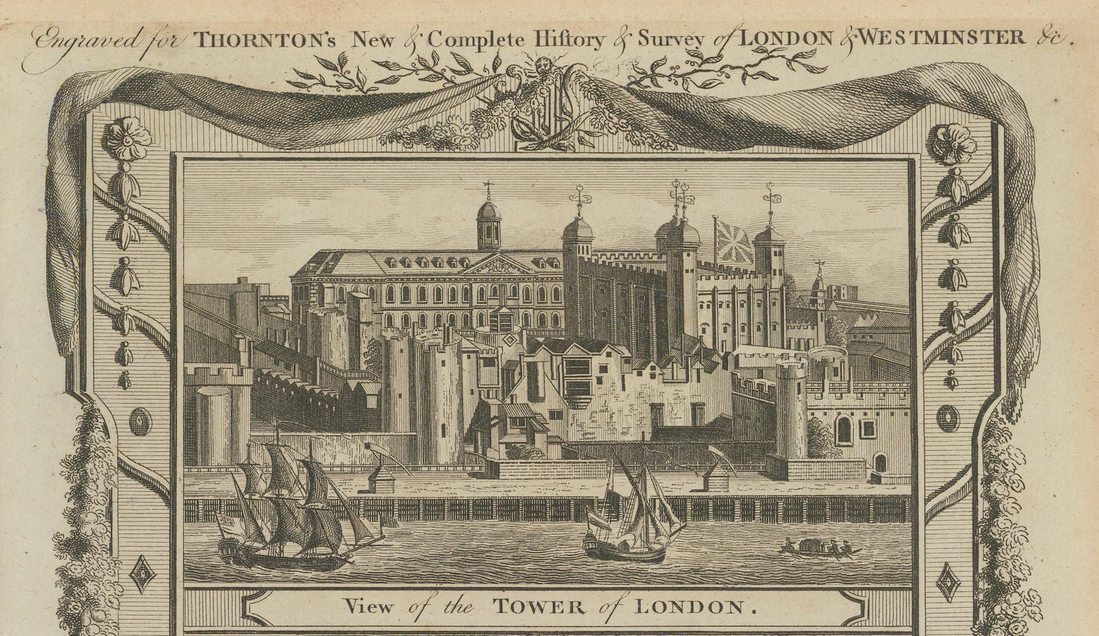 View of the Tower of London from the River Thames. Sailing ships. THORNTON 1784